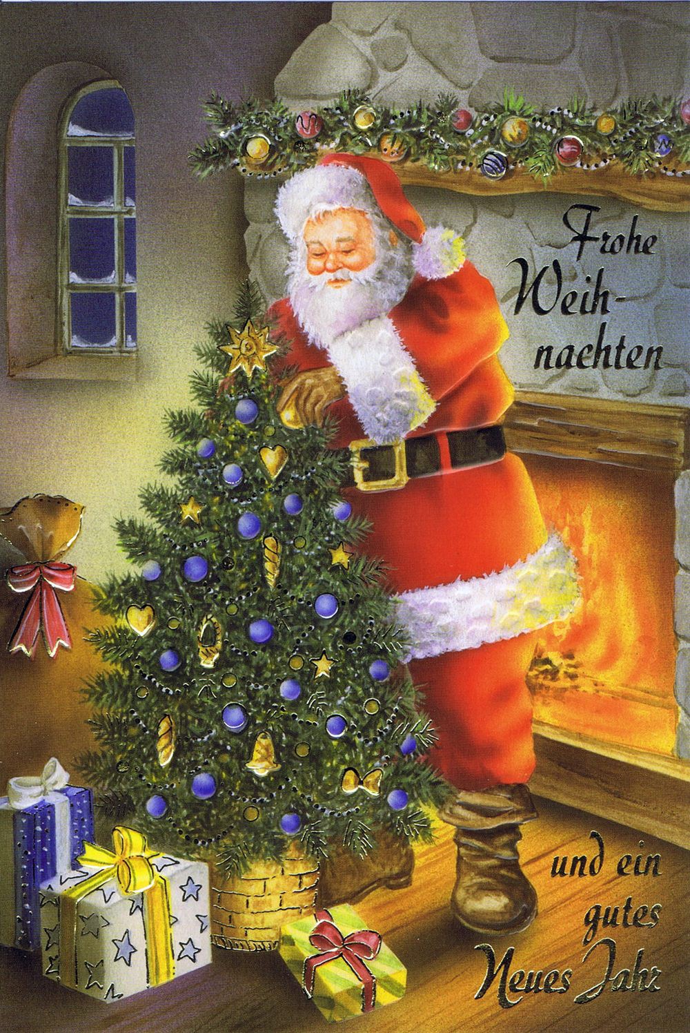Weihnachtskarte Weihnachtsmann am Kaminfeuer 4