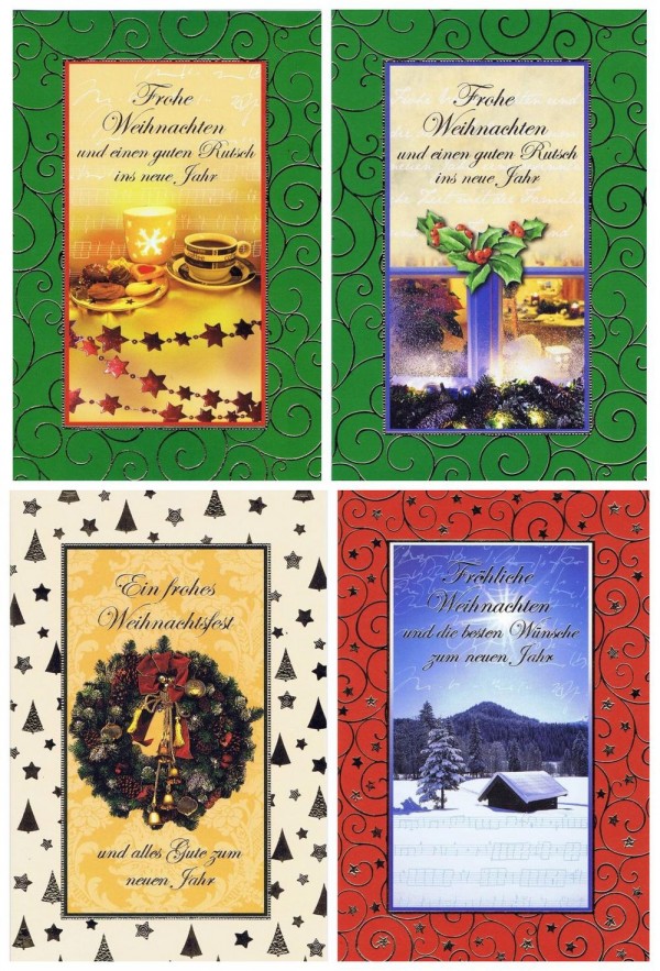Weihnachtskarten mit 4 klassischen Weihnachtsmotiven im farbigen Rahmen