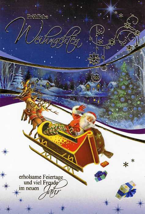 Weihnachtskarte mit Goldfolieprägung Weihnachtmann mit fliegenden Rentierschlitten