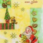 Weihnachtskarte mit Glimmer - Weihnachtsmann und Weihnachtsgebäck