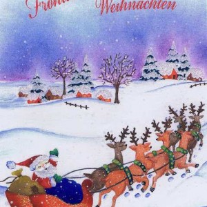 Weihnachtskarte mit Glimmer - Weihnachtsmann mit Schlitten