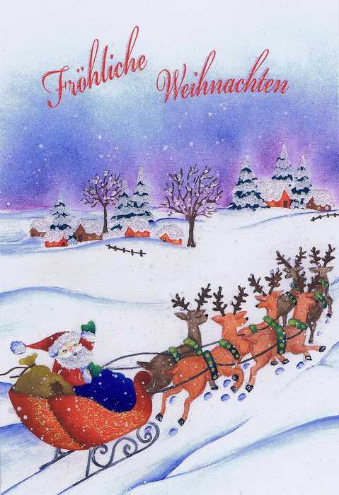 Weihnachtskarte mit Glimmer - Weihnachtsmann mit Schlitten