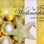 Weihnachtskarte quer Motiv: Weihnachtskugeln und Stern gold