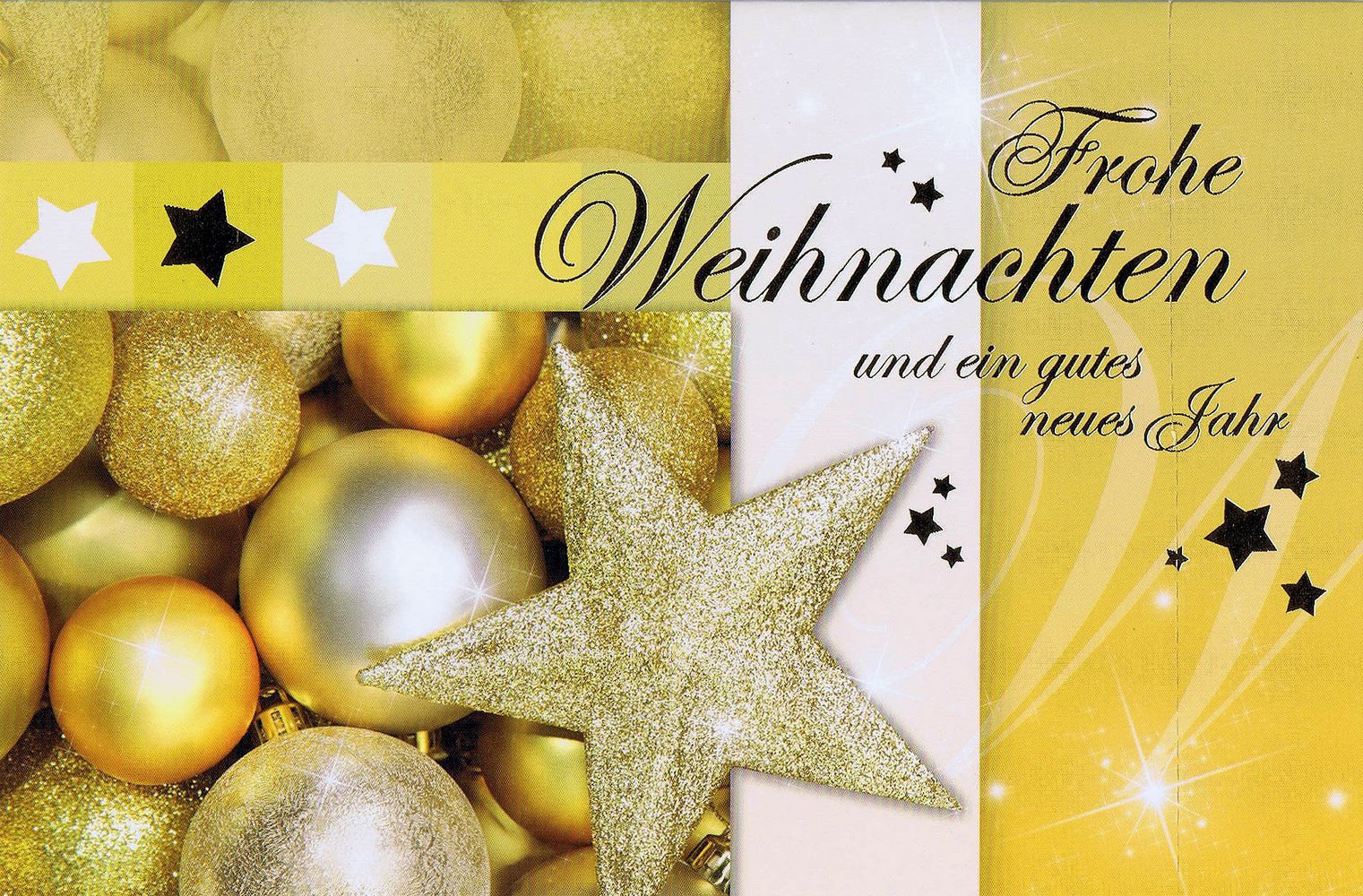 Weihnachtskarte quer Motiv: Weihnachtskugeln und Stern gold