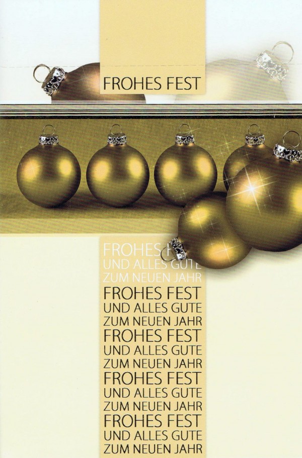 Weihnachtskarte Motiv: Weihnachtskugeln gold