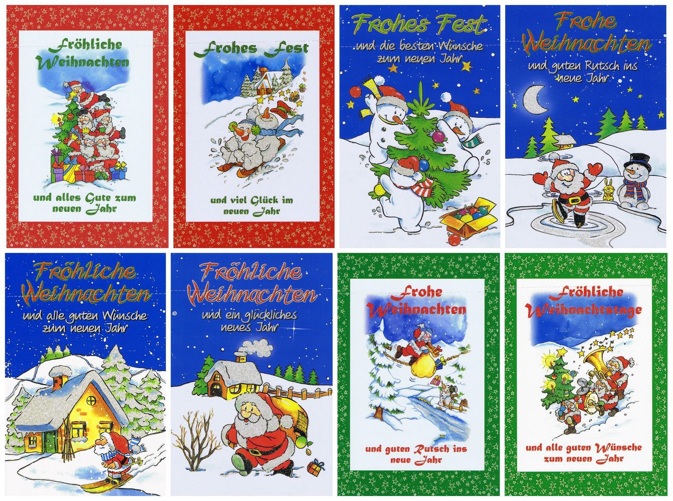 Weihnachtskarten mit Glimmer Lustiger Weihnachtsmann, Schneemann