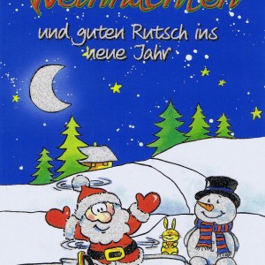 Weihnachtskarte mit Glimmer Lustiger Weihnachtsmann, Schneemann