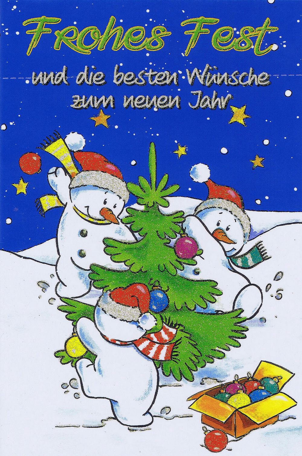 Weihnachtskarte mit Glimmer Lustige Schneemänner
